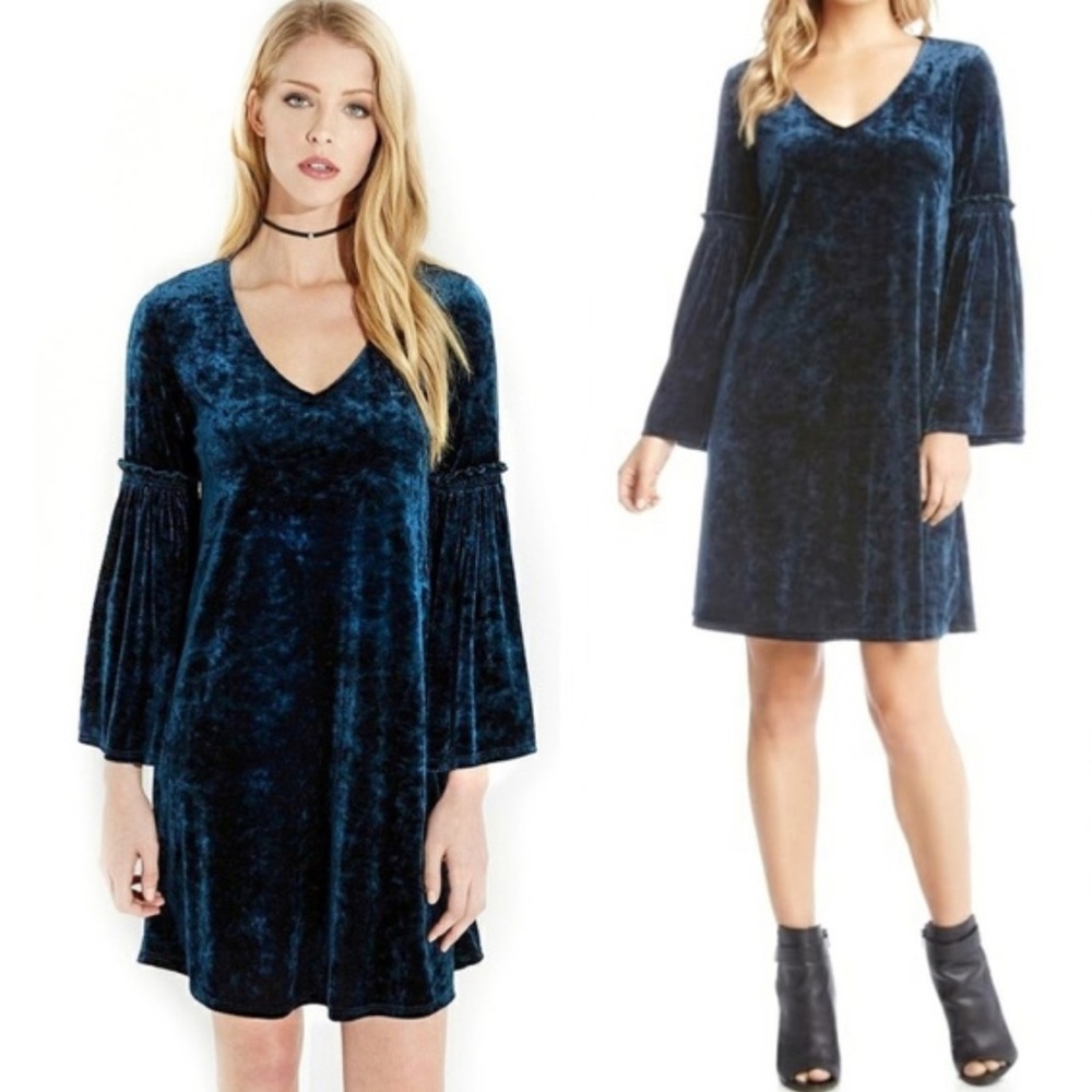 Karen Kane Blue Velvet Dress with bell sleeves
